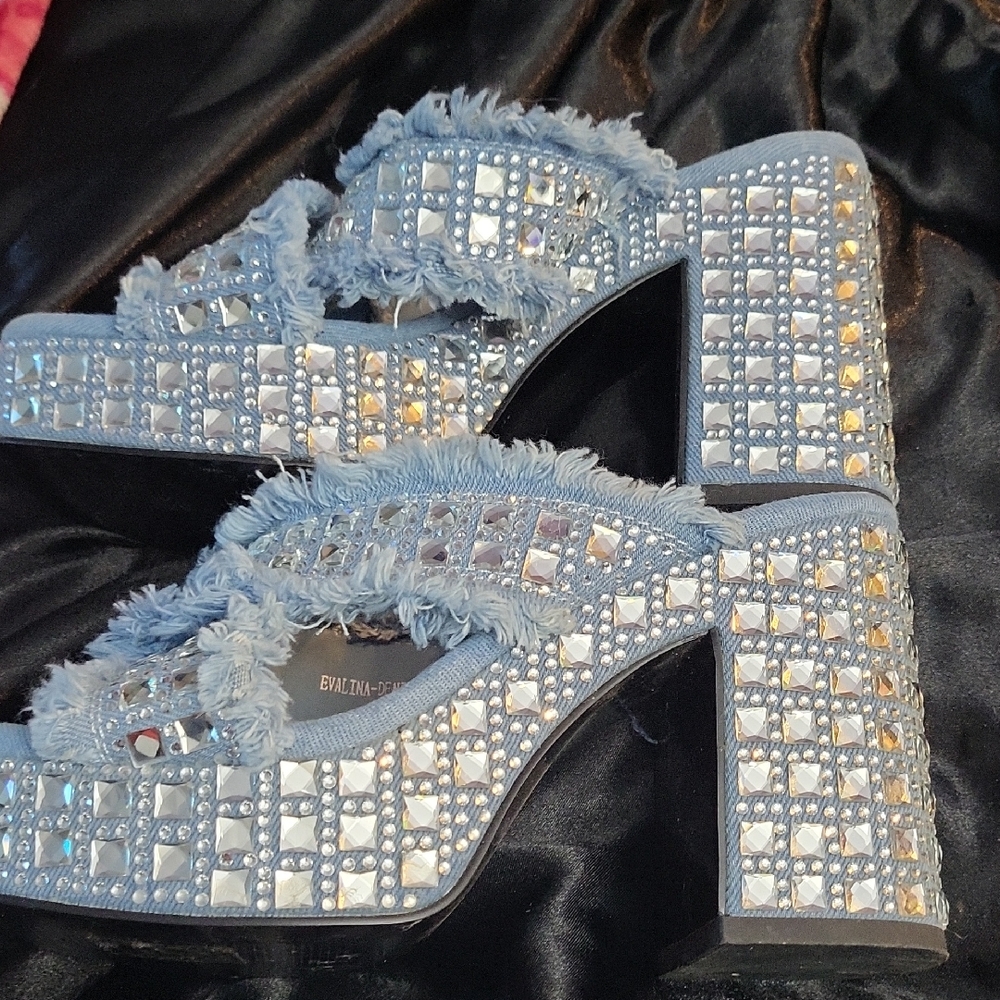 Azalea Wang by Akira Evalina High Heel Slides. Sz 8. Denin W Disco Ball Accents